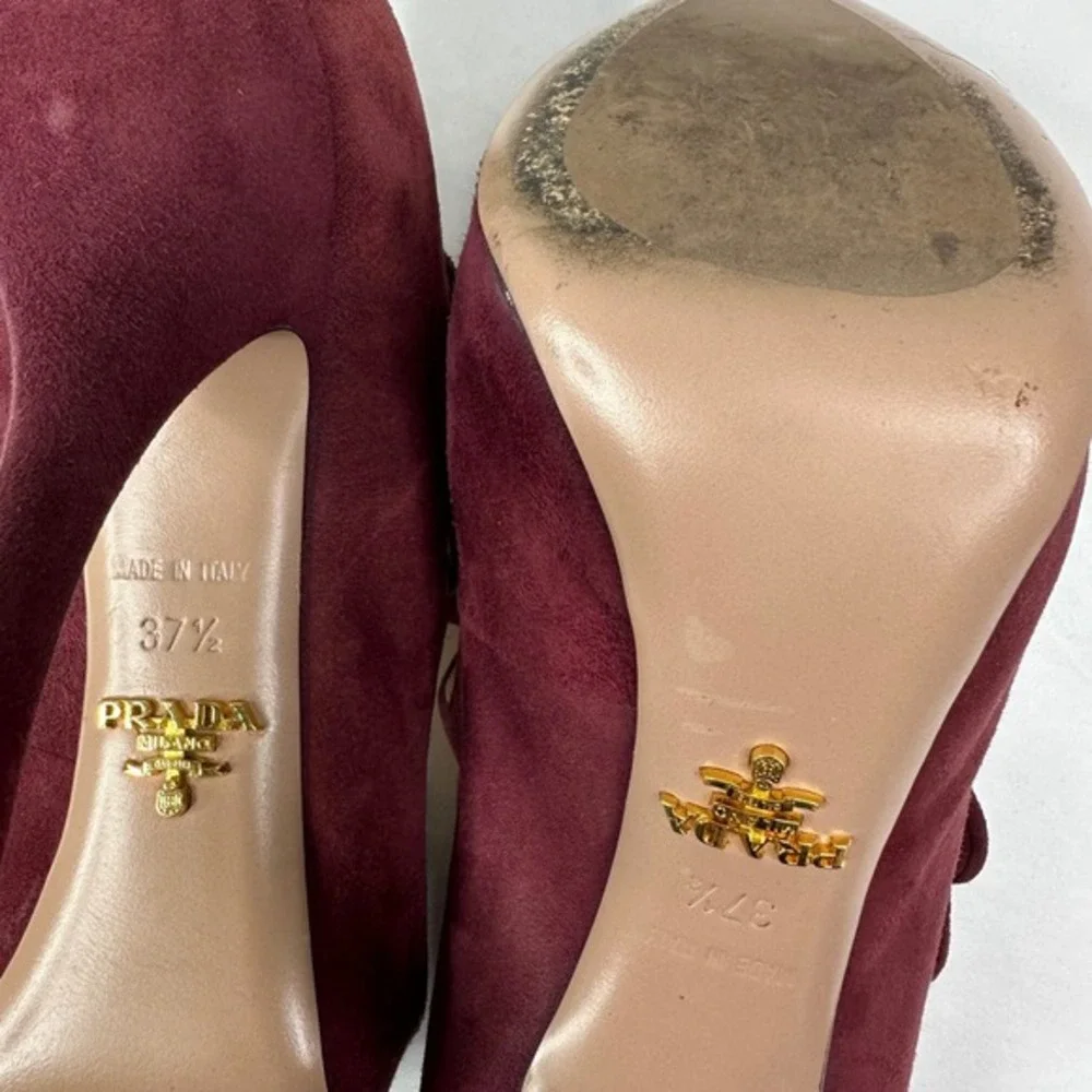 Prada Burgundy Suede Double Strap Mary Jane Peep Toe Platform‎ Heels Size 37.5